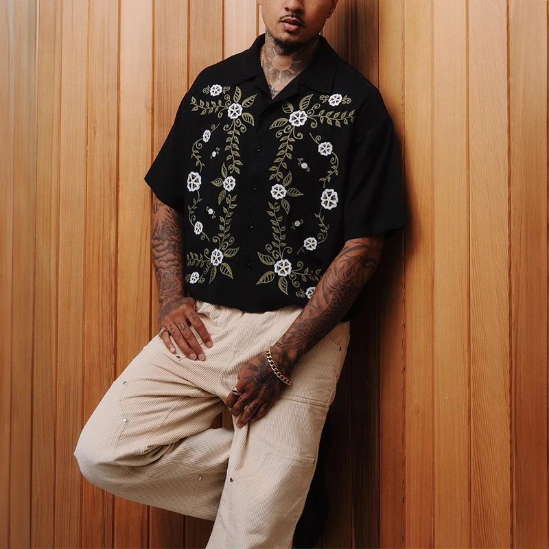 Handwoven Custom Embroidery Logo Boxy Retro Linen Lace Plaid Shirt Crochet Button Up Fully cut and sew Polo Shirts For Men