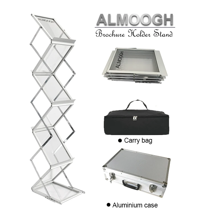 Almoogh Promotion Aluminum Frame Folding Catalog Holder Exhibition Display Brochure Stand  Portable Brochure Holder Stand