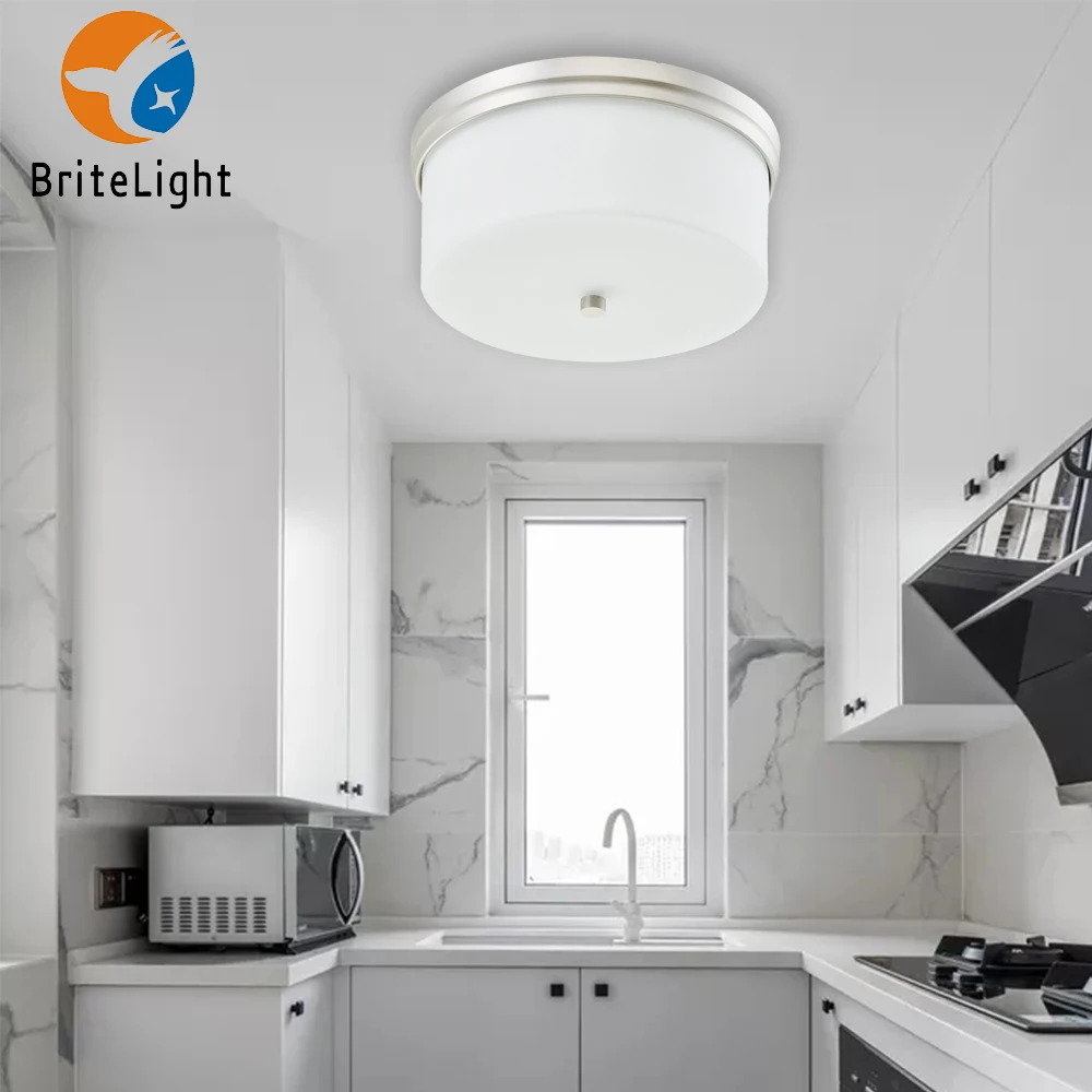 13 inch White Glass Drum Ceiling Lamp Round Shade Bedroom Lamp Apartment Lighting Fixtures With ETL Certification