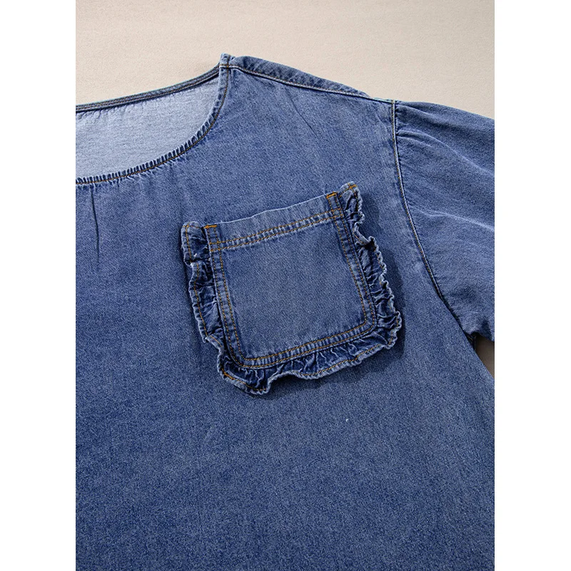 Dear-Lover Wholesale Blouses Elegant Women Three Quarter Sleeve Ruffled Patched Pocket Cotton Denim Blouse