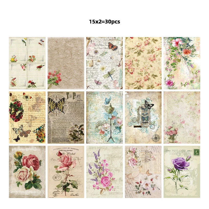 30 Sheets Vintage Style Paper Aesthetic Decorative Paper Material Crafts for DIY Scrapbooks Journal Diary Photo Album Background