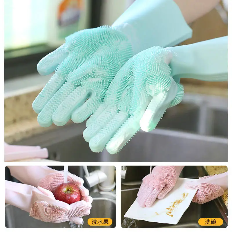 Reusable Waterproof Household Cleaning Silicone Gloves Non-slip Silicon Glove Magic Dishwashing Gloves With Scrubber