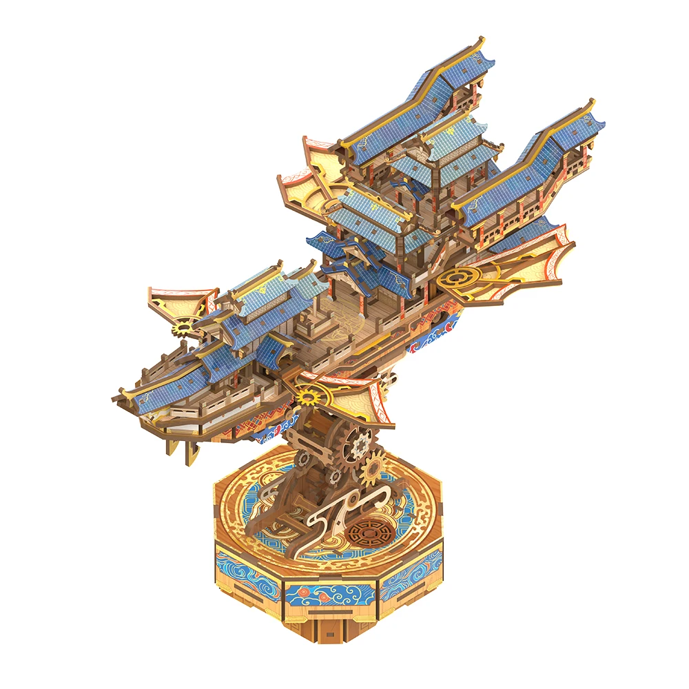 Tonecheer Wind Voyager Assemble Toys Transmission Model Wooden Fiying Boat Model Music Box Puzzles