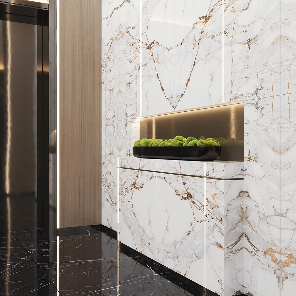 GUCI Bulgari gold sintered stone slab wall floor furniture surface large glazed matte glossy tile