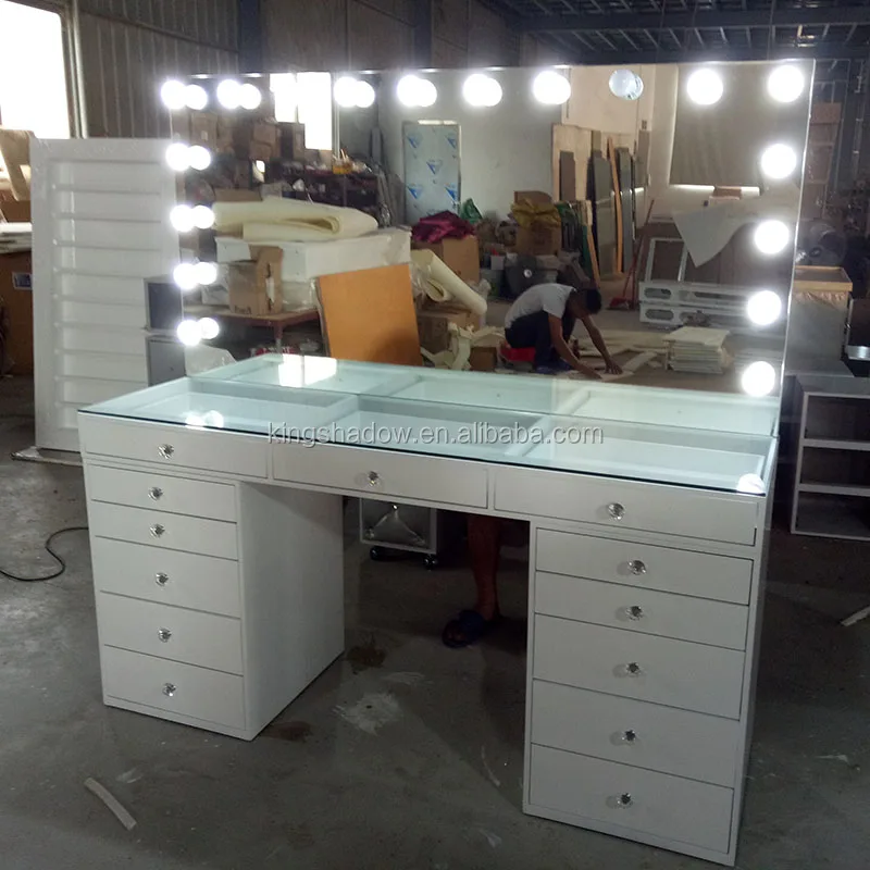 King Shadow White Makeup Mirror Stations Glass Vanity Table With Bulbs