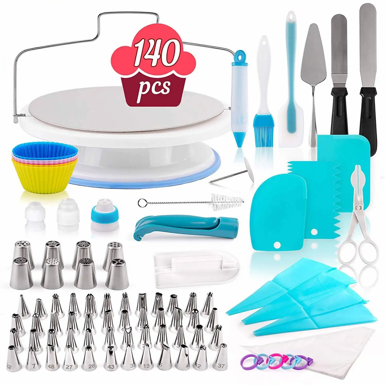 
140pcs Cake Decorating Tip Sets Cake Turntable Stand Stainless Tulip Pastry Nozzles Confectionery Bag Baking Tools For Cakes 
