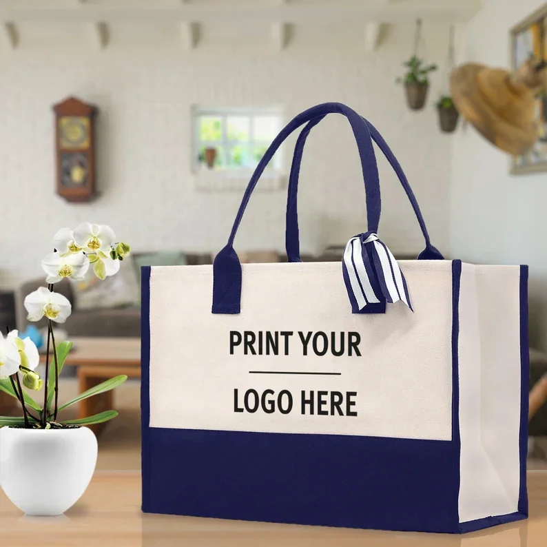 Custom logo Large Blue laminated Canvas Tote Bag  beach bag eco friendly handbag durable for shopping