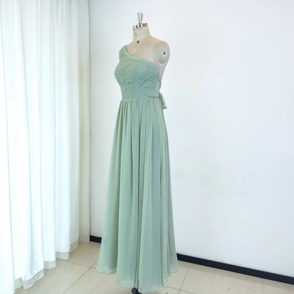 TEENYEE Elegant Long Chiffon Single Shoulder Chiffon Bridesmaids Dresses Lace Maids Dresses For Wedding