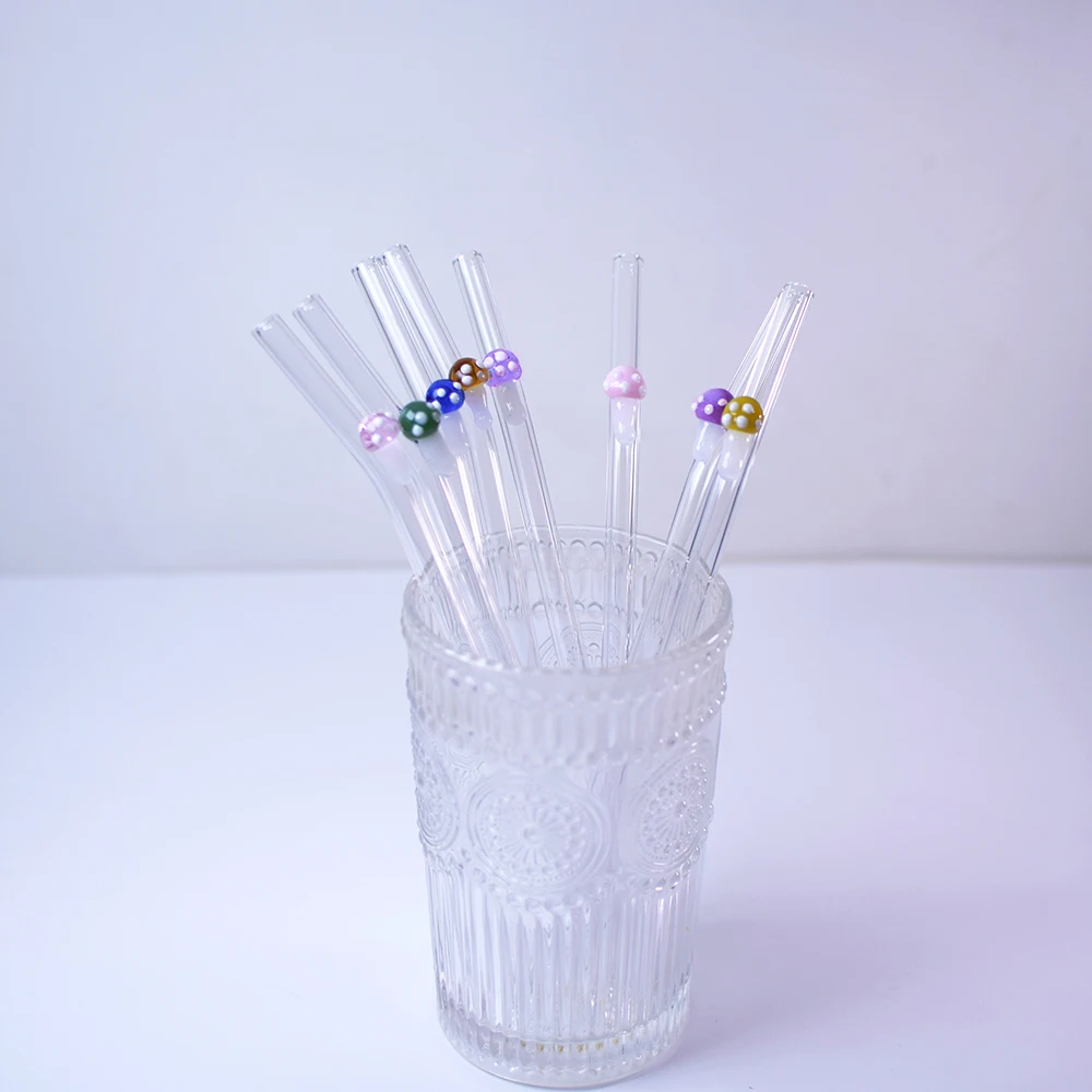 Handmade Mushroom Glass Straw with charms Milk and juice borosilicate glass transparent bent straw reusable
