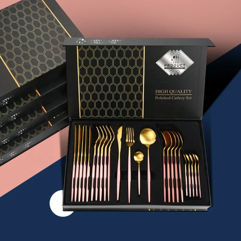24pcs Gold Dinnerware Set Restaurant Cutlery Set Stainless Steel Knife Fork Kitchen Flatware Dishwasher Safe