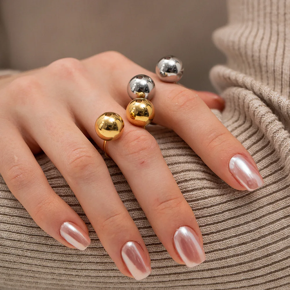 2024 Minimalist Fashion Trendy Stainless Steel Adjustable Ring with Double Big Ball Non-Fading Women Ringsor Weddings and Gifts