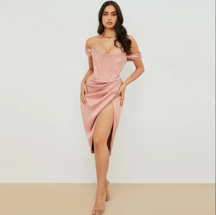 Wholesale Hot Sale New Trendy Off Shoulder Dress Socialite Tube Top Fishbone Slim Fit Solid Color Party Dress Sexy Split Dress