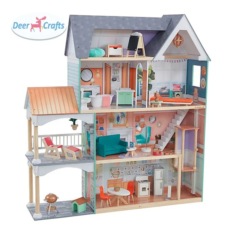 Classic pretend large wooden baby doll house toys with furniture accessories DA06435