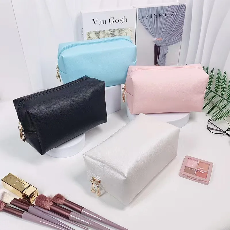pure color vegan PU leather cosmetics bag