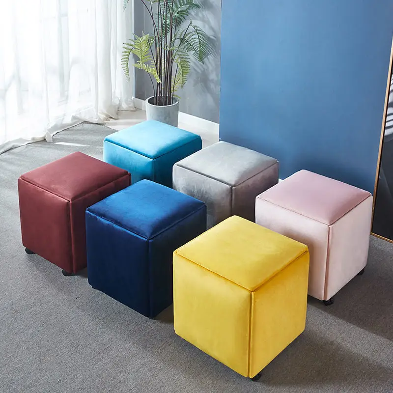 Save space 5 in 1 organized modern square small telescopic padded velvet leather cube box ottoman wheel stool for small house
