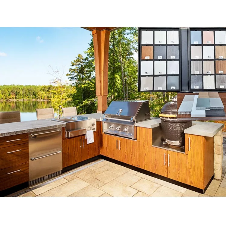 Timber Wood Color Pure White Grey Color Fireproof Waterproof Kitchen Cabinets Wardrobe Cabinet Garden Storage with Sink & Table