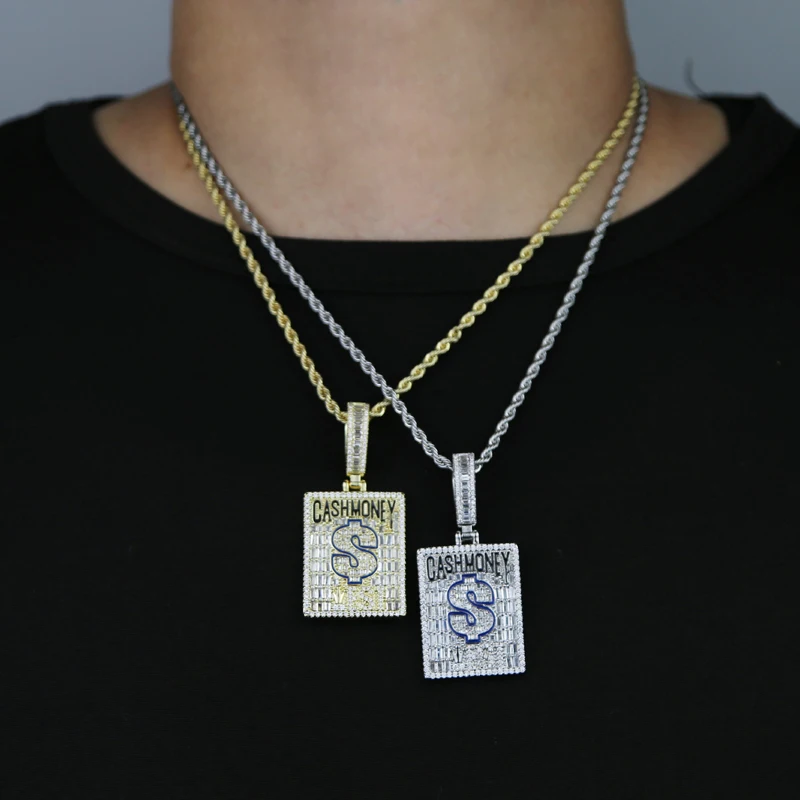Hip Hop Jewelry Micro Pave 5A Geometric Rectangle CZ Cash Money Dollar Pendant With Rope Chain Necklace For Men Boy