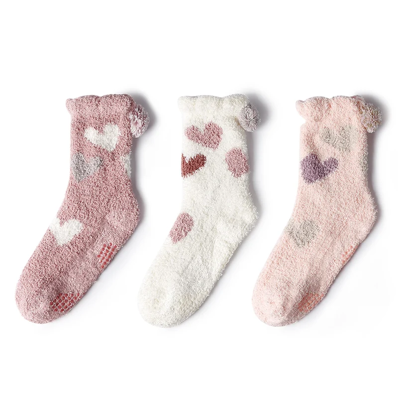 
White Fleece New Design Ankle Fuzzy Wholesale Knit Custom Slipper Grip Cute Fluffy Best Soft Bed for Women Socks With Pom Poms 
