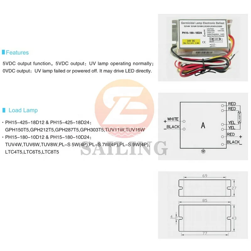 Small size UV lamp 4W 6W 8W 10W Ultraviolet light air purifier DC24V POWER SUPPLY lamp driver PH15-180-10D24 Electronic Ballast