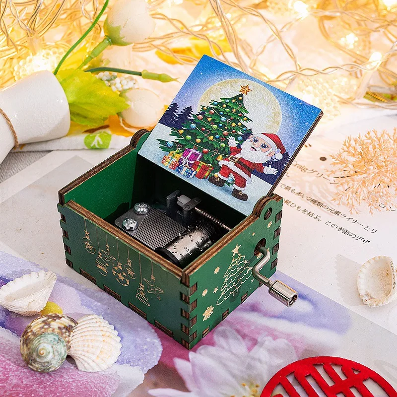 Wholesale Good Price Merry Christmas Theme Music Box Wooden Hand Cranked Mini Size Wood