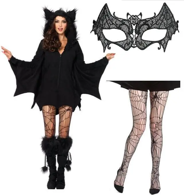 Women Three-piece Vampire Bat Adult Jumpsuit Halloween Fancy Dress Outfit Masquerade Party Animals Cosplay Costume