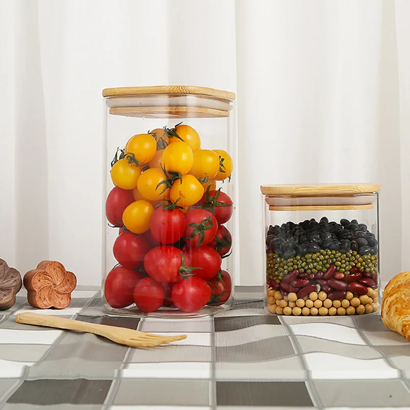 Empty Clear Round and Square Borosilicate Glass Jars with Bamboo Lid and Silicone Ring
