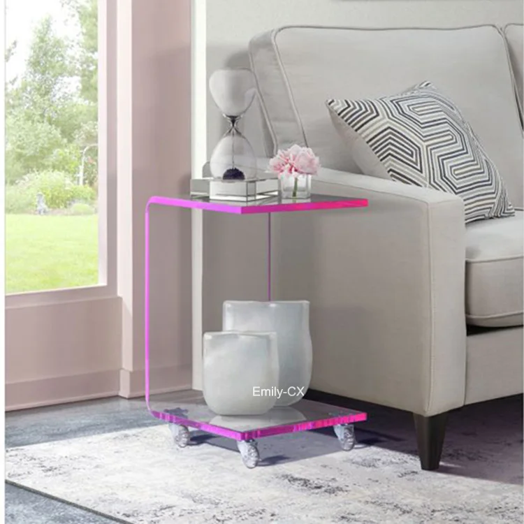 2023 Factory Wholesale Modern Lucite Bedside Table Clear Acrylic Trolley Table C Shape Side Table
