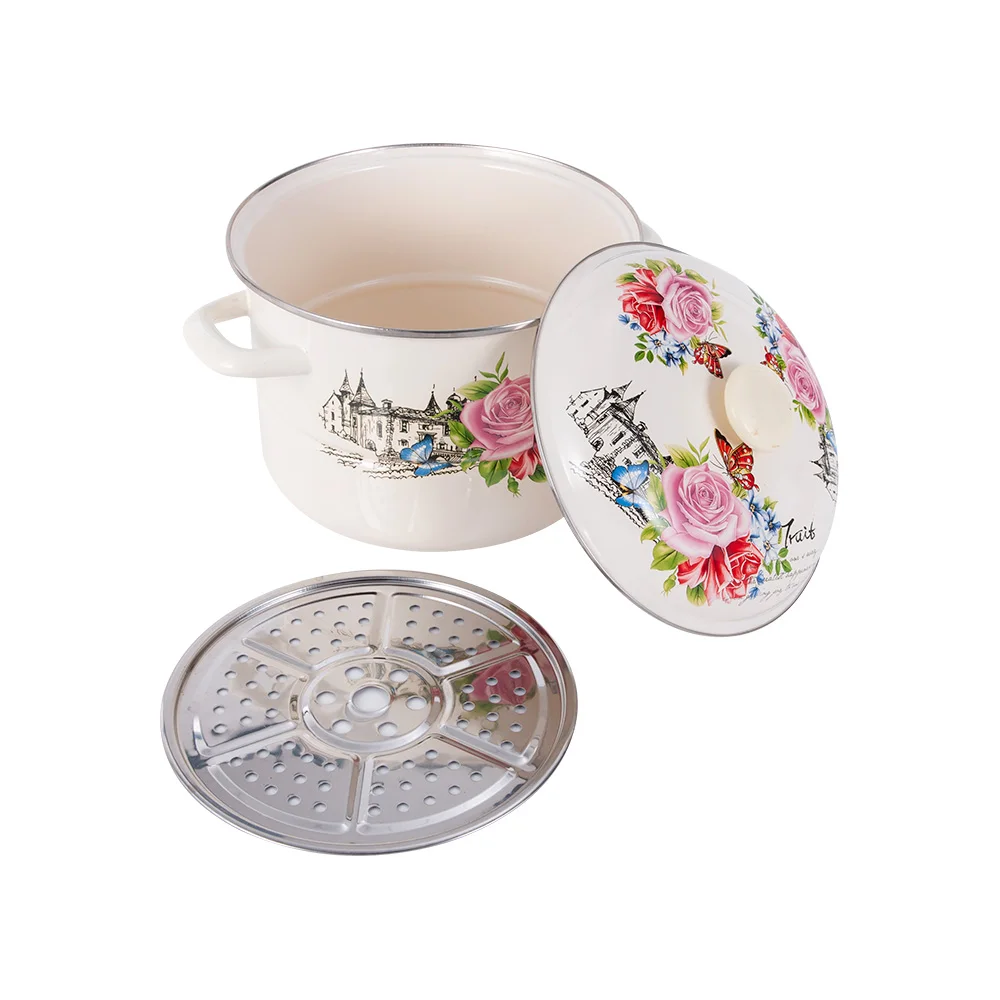 Custom 28cm Enamel Metal Steel Steamer Cookware Pot Enamel Steamer Pot with Enamel Lid