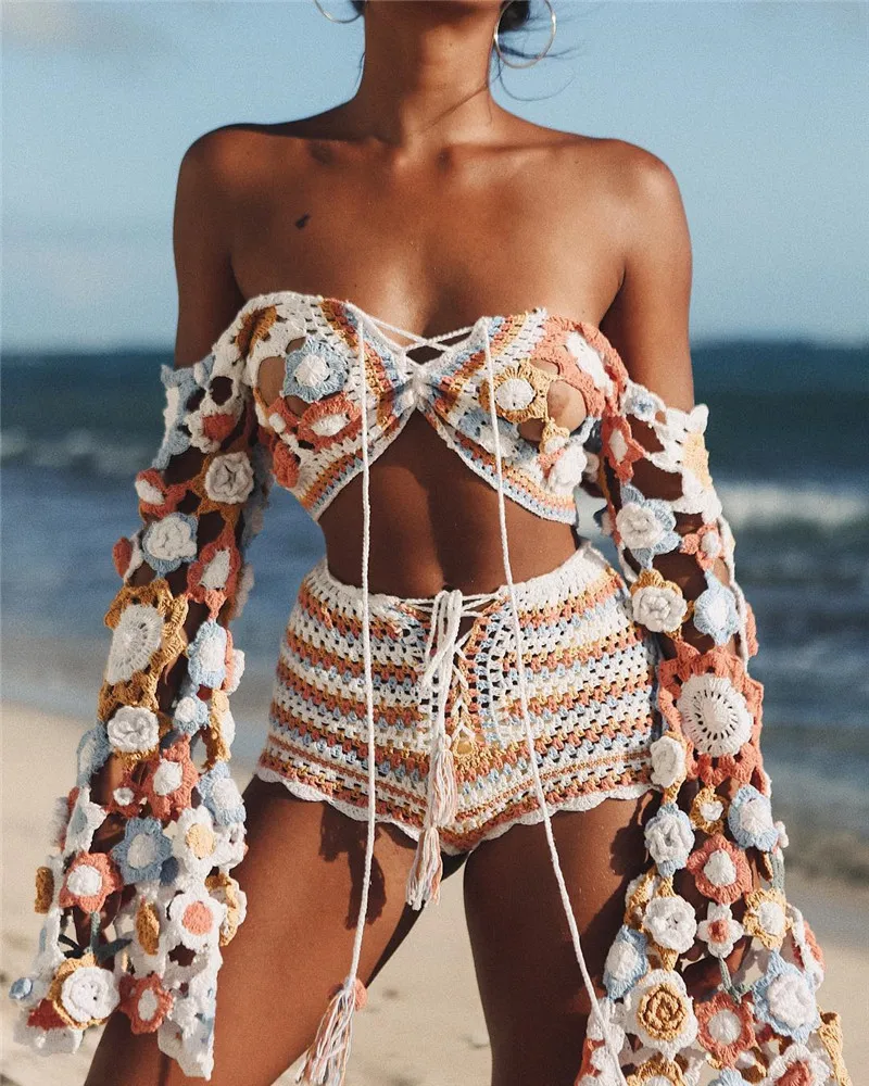 2024 Summer Seaside Vacation Sexy Beach Blouse Hand Hook Hollow-Out Halter Top Suit Bikini Sweater