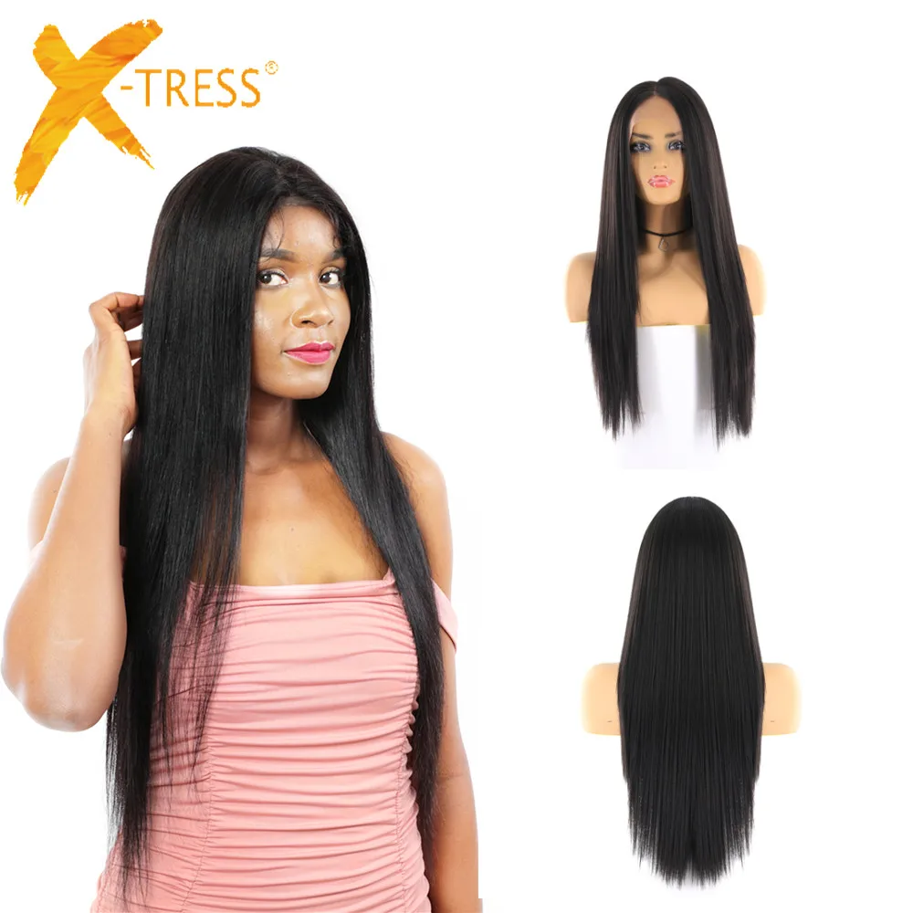 X-TRESS новый завод средне-коричневый цвет синтетические волосы парики длинные прямые синтетические волосы на кружеве парики с средняя часть парики для чернокожих женщин