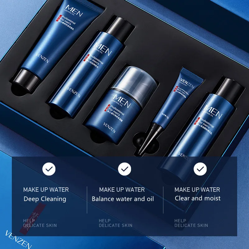VENZEN men 5pcs set face cleanser toner lotion moisture cream eye cream hydrating moisturizing soothing skin care kit