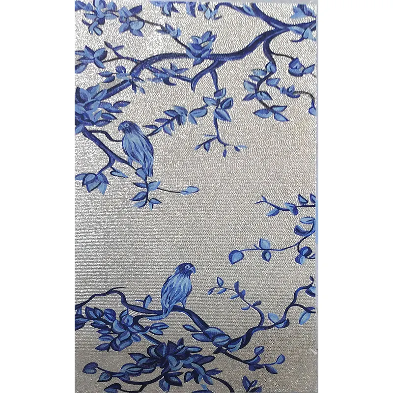 Elegant Hand Cutting Classic chinoiserie Blue Flower and Birds Pattern Art Glass Mural Mosaic Decorative Wall Tiles