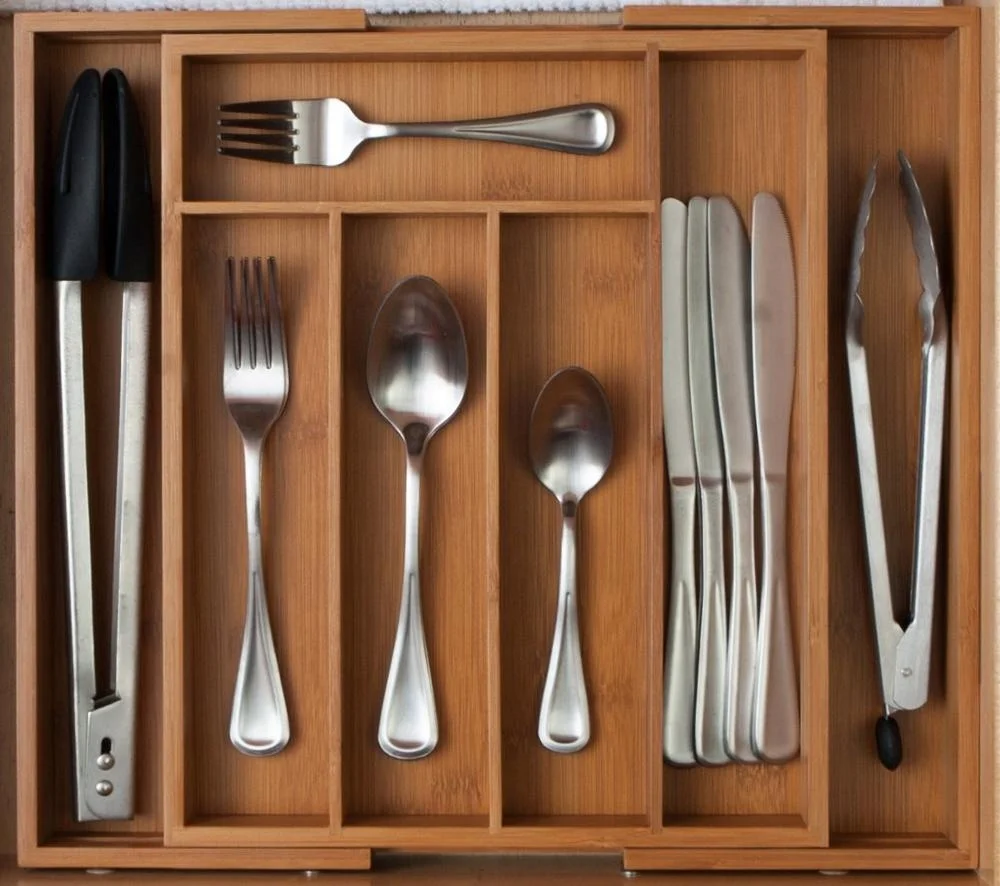 Регулируемый держатель для хранения столовых приборов органайзер из бамбука расширяемый поднос с 5 отделениями