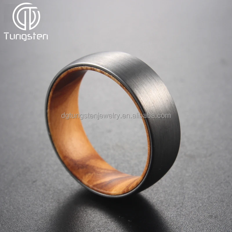 Olive Wood Ring 8mm Tungsten Sleeve Comfort Fit Black Silver Dome Beveled Forest