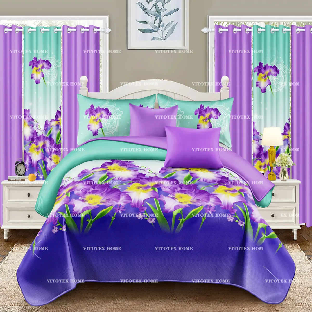 Cheap Price Disperse printing 90gsm 100% polyester Microfiber sheet set 6pcs with Curtain Cal King size