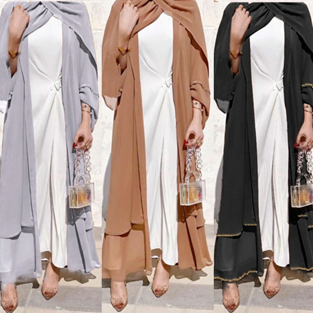 Latest Fashion Turkish Plain Color Muslim Dress  Luxury Elegant Women Front Open Islamic Abaya