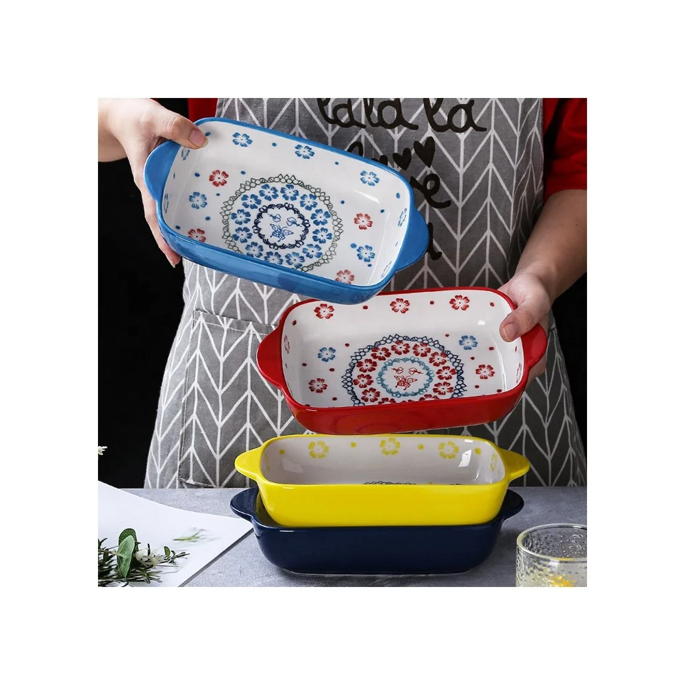 9-inch Bohemian ceramic rectangular bakeware Western deep plate Japanese tableware Hand drawn printing pattern bakeware