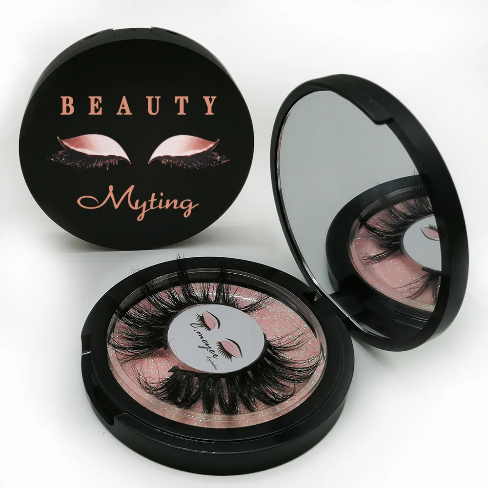 Muting Round Eyelash Packaging With Mirror Black Pink Plastic Box Private Label Custom Eyelash Packaging Box