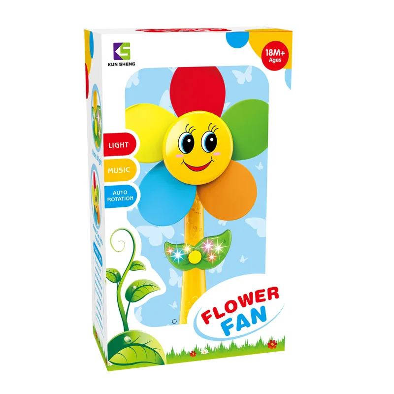 
2020 hot selling auto rotation flower windmill plastic blade music and light mini fan toy for kids 