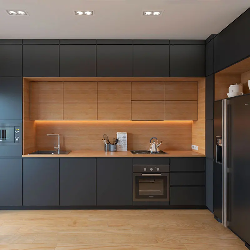 NICOCABINET современная деревянная профессиональная частная вилла мини-кухня шпон матовый лак черные кухонные шкафы на заказ