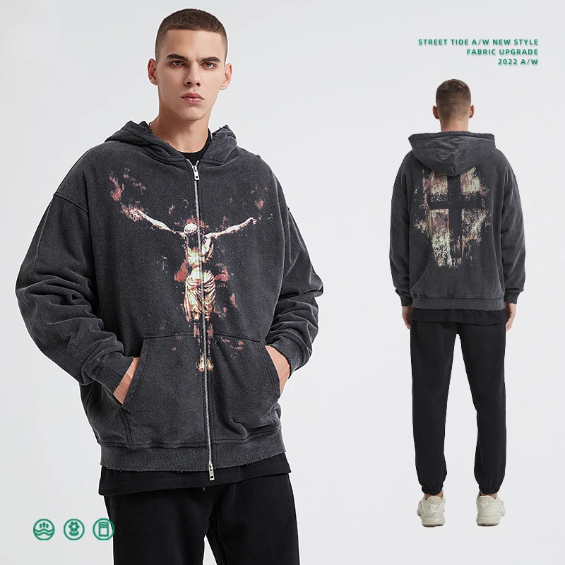 Heavyweight Black Zip Up Hoodies Custom Oversized 100% Cotton Acid Washed Vintage Zip Up Skeleton Hoodie