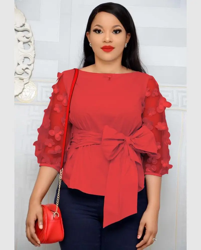 Hot Selling African Clothes Women Ladies Blouse Plus Size Flower Bow Tie Shirt Red Blouse Women Elegant Ladies Yellow Blouses