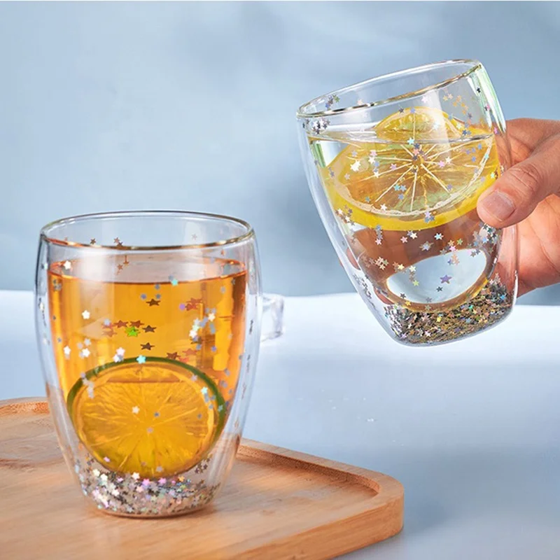 Snow Globe Glass Mug Reusable Double walled Coffee Tea Mug Glass Drinkware Cup Coffee Bar Beverage Glasses Rainbow Sequins