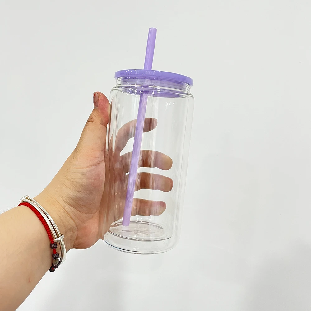 USA warehouse custom 12oz 15oz clear double wall DIY glitter blank sublimation snow globe beer glass can with plastic lids