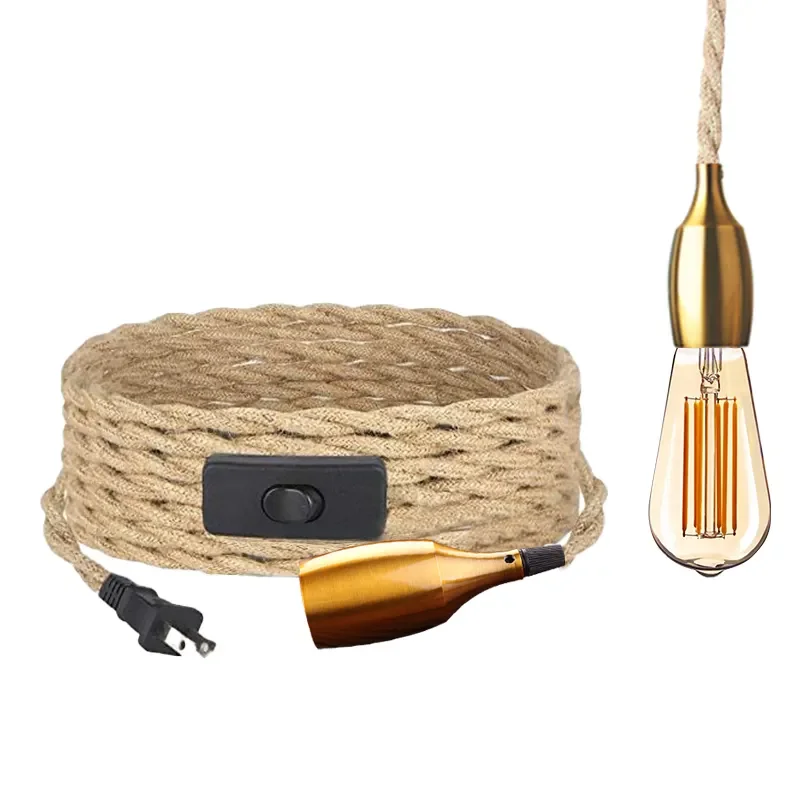 Vintage Style Hemp Rope Cable Wire With European Plug Dimmable Switch E27 Vintage Bulb Holder