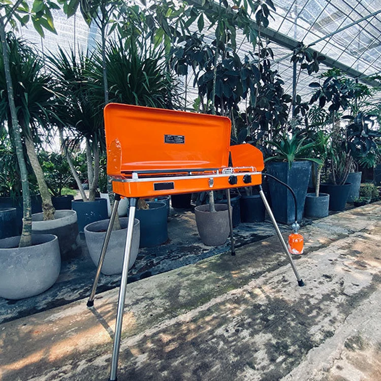 Gas 2 Burner Gas Barbecue Grill Cooking Equipment for Sale Stainless Steel Portable Foldable Natural Camping Bbq Outdoor Orange