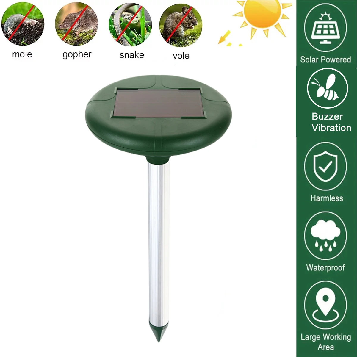 Solar Voice Control Sonic Mole Deterrent Spikes Snake Vole Gopher Repellent Groundhog Deterrent Vibration Stake for Lawn Yard