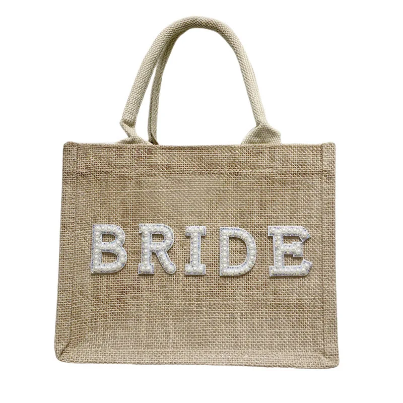 2024 summer Wedding Linen Tote Bag for Bride Personalized Custom Pearl Patches Embroidery BRIDE Tote handbag for women