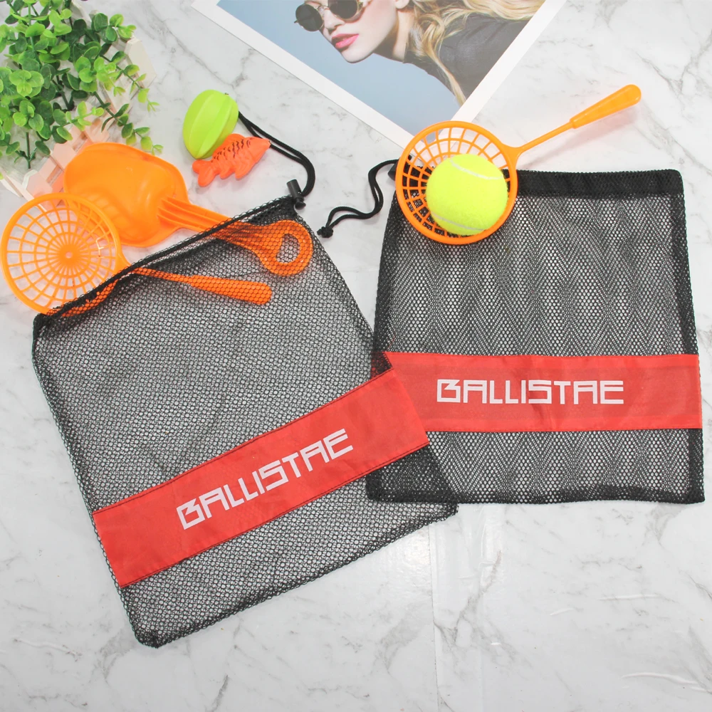 Large Custom Beach Sports Nylon Mesh Bags with Drawstring Black and Red Stitching for Shoes Wholesale Comes with Custom Logo
