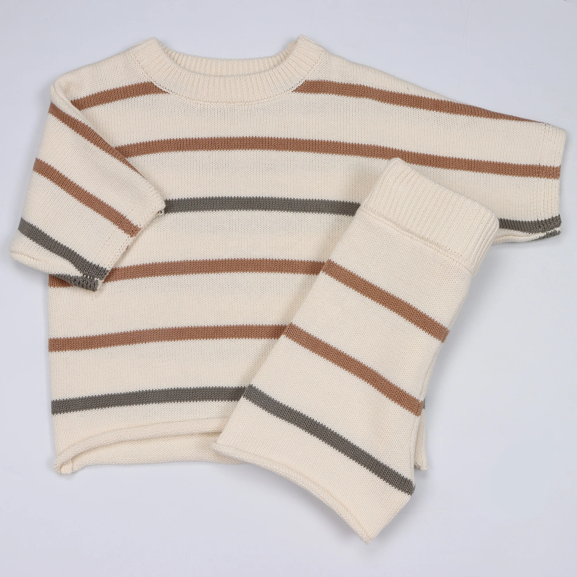 Custom Striped Short Sleeve Knitting Baby Chunky  Cotton Sweater Set Crew Neck Toddler Baby Boys clothing Set Toddler Clothes